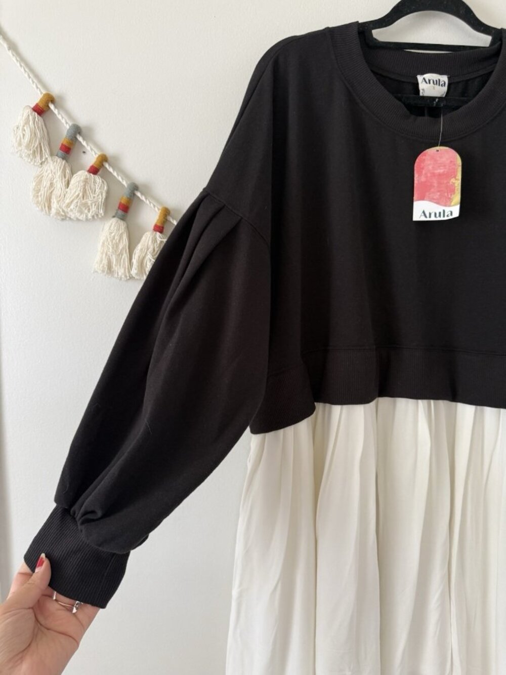 ARULA Black & White Mini Dress - Two-Tone Sweatshirt Style - Picture 3 of 10